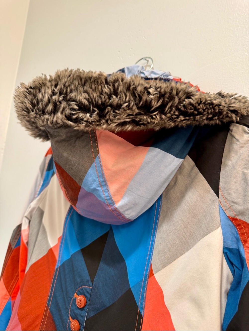 Midii Geometric Multi-Color Hooded Parka Jacket Faux Fur Trim Blue Orange Size M - Picture 11 of 16